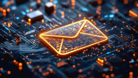 Digital envelope on circuit board representing modern tech communication and futuristic email.の素材