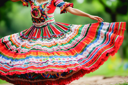 Hispanic Heritage Month celebration, colorful traditional dresses, twirling, vibrant cultural energy.の素材