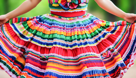Hispanic Heritage Month celebration, colorful traditional dresses, twirling, vibrant cultural energy.の素材