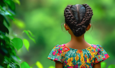 Girl in colorful dress stands alone in nature, back to camera, surrounded by lush greenery.の素材
