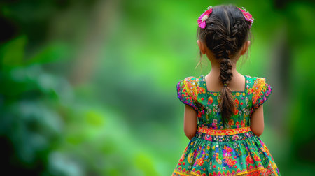 Young girl in a vibrant dress standing in a lush forest, surrounded by greenery, facing away.の素材
