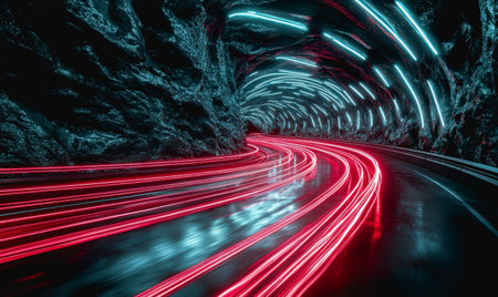 Futuristic road with red neon light trails in a sci-fi landscape, dark rocky, high-tech atmosphere.の素材
