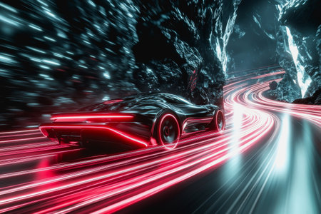 Futuristic road with red neon light trails in a sci-fi landscape, dark rocky, high-tech atmosphere.の素材