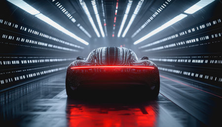 Futuristic car in neon-lit digital tunnel, glowing red lights, cyberpunk and high-tech vibes.の素材