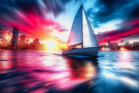 Sailboat moves fast in futuristic city at sunset with colorful light trails.の素材