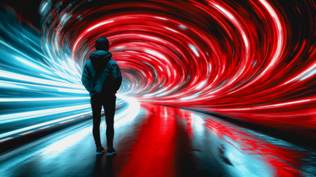 Person in a dynamic sci-fi tunnel with red and blue light trails, futuristic atmosphere.の素材