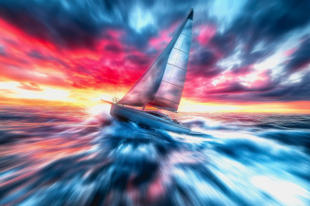 Sailboat moves fast in futuristic city at sunset with colorful light trails.の素材