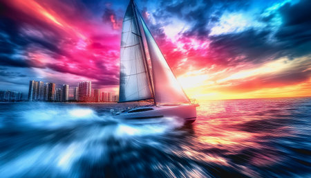 Sailboat moves fast in futuristic city at sunset with colorful light trails.の素材