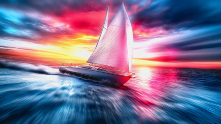 Sailboat moves fast in futuristic city at sunset with colorful light trails.の素材