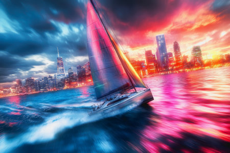 Sailboat racing through vibrant waters with futuristic city skyline and neon-lit sunset sky.の素材