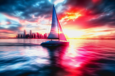 Sailboat racing through vibrant waters with futuristic city skyline and neon-lit sunset sky.の素材