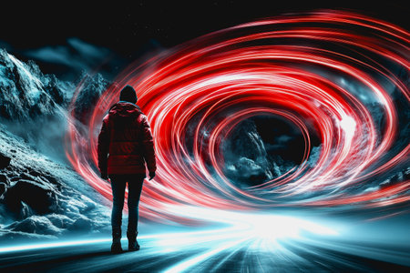 Person in a dynamic sci-fi tunnel with red and blue light trails, futuristic atmosphere.の素材