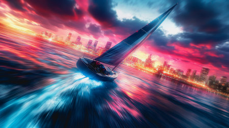 Sailboat moves fast in futuristic city at sunset with colorful light trails.の素材