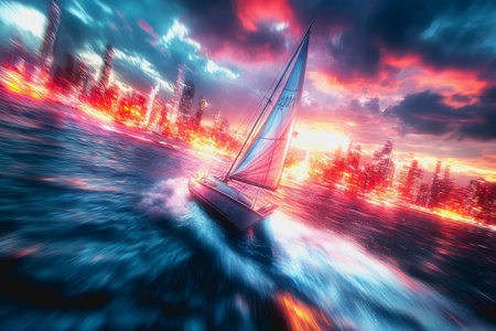 Sailboat moves fast in futuristic city at sunset with colorful light trails.の素材