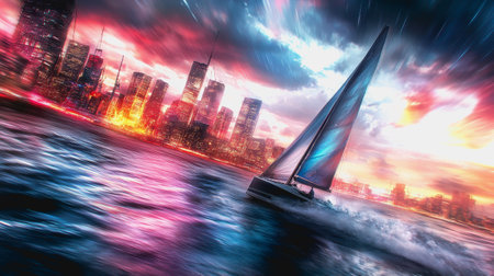 Sailboat moves fast in futuristic city at sunset with colorful light trails.の素材