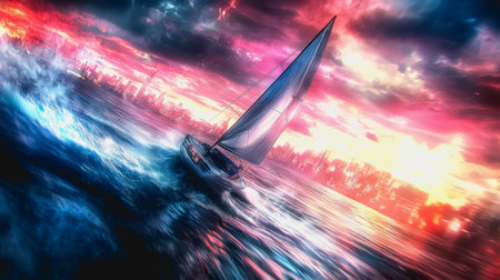 Sailboat moves fast in futuristic city at sunset with colorful light trails.の素材