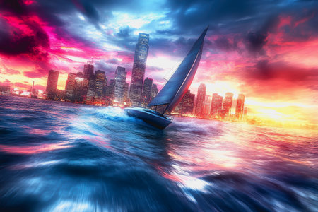 Sailboat racing through vibrant waters with futuristic city skyline and neon-lit sunset sky.の素材