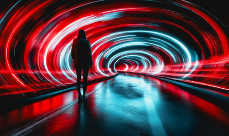 Person in a dynamic sci-fi tunnel with red and blue light trails, futuristic atmosphere.の素材