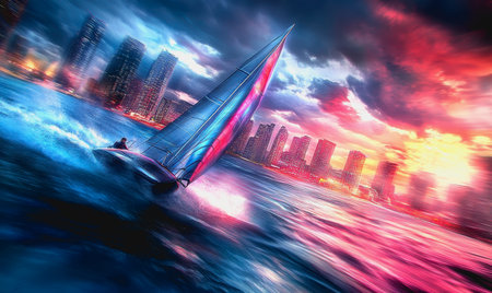 Sailboat racing through vibrant waters with futuristic city skyline and neon-lit sunset sky.の素材