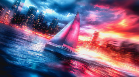 Sailboat racing through vibrant waters with futuristic city skyline and neon-lit sunset sky.の素材