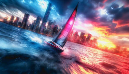 Sailboat racing through vibrant waters with futuristic city skyline and neon-lit sunset sky.の素材