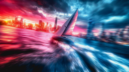 Sailboat moves fast in futuristic city at sunset with colorful light trails.の素材