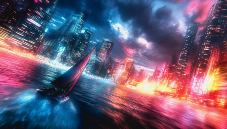Sailboat racing through vibrant waters with futuristic city skyline and neon-lit sunset sky.の素材