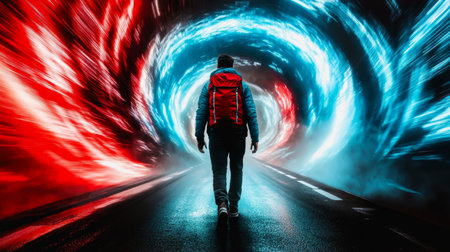 Lone traveler in a vortex of red and blue light on a futuristic journey.の素材