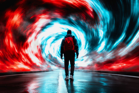 Lone traveler in a vortex of red and blue light on a futuristic journey.の素材