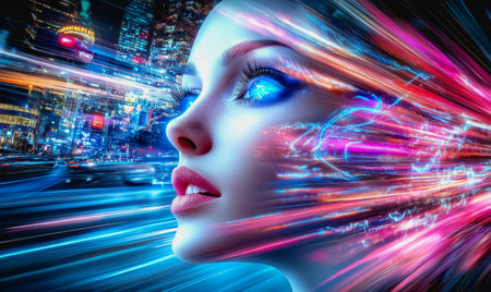 Futuristic cityscape with neon lights, speeding cars, and a woman's glowing blue eyes.の素材