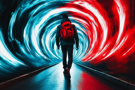 Lone traveler in a vortex of red and blue light on a futuristic journey.の素材