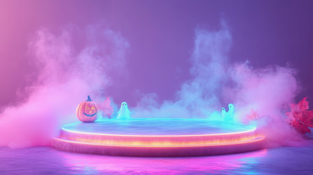 Neon platform with playful Halloween characters in a pastel space, glowing empty center.の素材