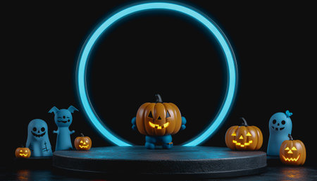 Neon platform with playful Halloween characters in a pastel space, glowing empty center.の素材