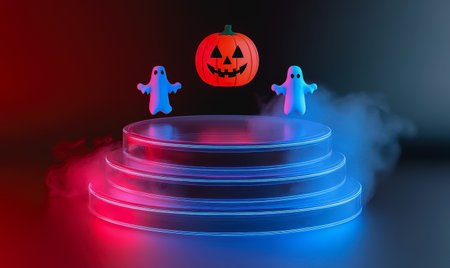 Neon platform with playful Halloween characters in a pastel space, glowing empty center.の素材