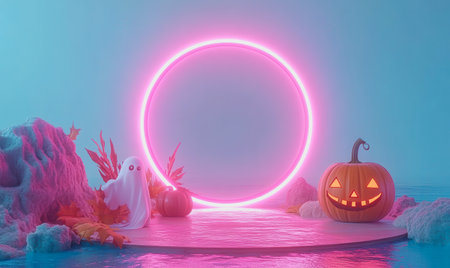 Neon platform with playful Halloween characters in a pastel space, glowing empty center.の素材