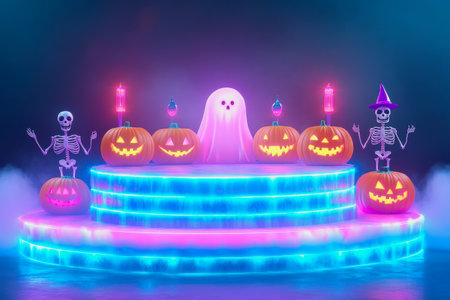 Halloween characters around a neon circle with glowing light and soft color contrasts.の素材