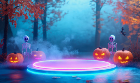 Halloween characters around a neon circle with glowing light and soft color contrasts.の素材