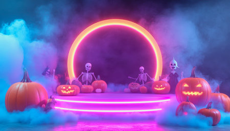 Halloween characters around a neon circle with glowing light and soft color contrasts.の素材