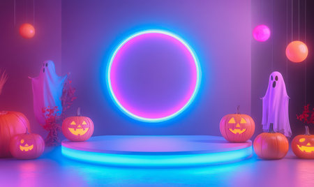 Children in Halloween costumes play around glowing neon ring on a pastel-colored platform.の素材