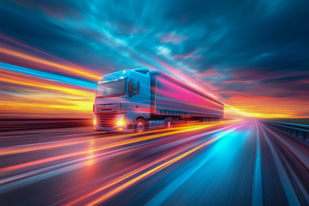 Powerful truck driving at dawn on an empty highway with green fields and a golden sky.の素材