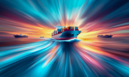 Colossal cargo ship sailing at sunset, reflecting vibrant colors in the ocean.の素材