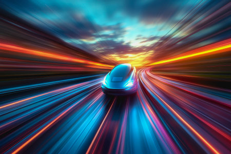 Truck on open highway at sunrise with dramatic clouds and vast green fields.の素材