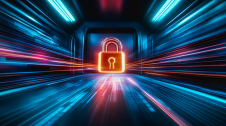 Futuristic glowing digital padlock representing cybersecurity and data protection.の素材