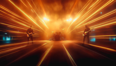 Energetic rock band performing under dramatic stage lights with glowing silhouettes.の素材