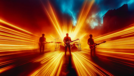 Rock band playing under intense golden stage lights, with dramatic silhouettes and energy.の素材