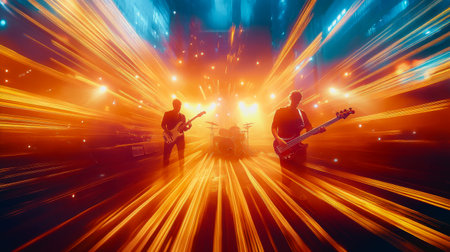 Energetic rock band performing under dramatic stage lights with glowing silhouettes.の素材