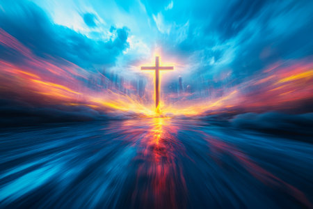 Cross glowing in radiant light breaking through dramatic clouds with heavenly atmosphere.の素材