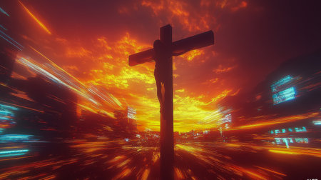 Silhouette on cross against dramatic sunset, fiery sky, powerful emotion, and symbolic light.の素材
