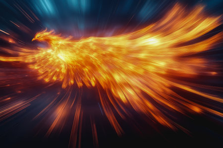 Phoenix  Majestic fiery bird with glowing wings in dark sky, flames creating intense mystical scene.の素材