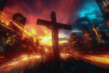 Silhouette on cross against dramatic sunset, fiery sky, powerful emotion, and symbolic light.の素材